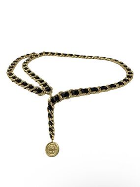 CHANEL Black and Gold Chain Waist Belt with CC Medallion